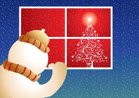 Snowman looking inside at decorated christmas tree, vector illustration Stock Illustration