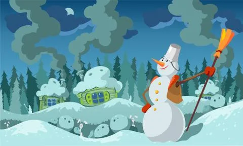 Snowman in the magic forest Stock Illustration
