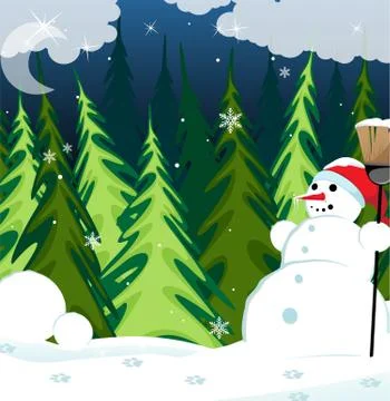 Snowman in the night forest Stock Illustration