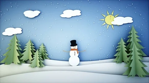 Snowman Paper flat animation. Happy new year and xmas background. Snowfall 스톡 동영상 82842019