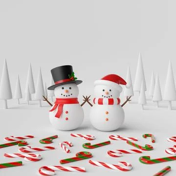 Snowman in pine forest with candy cane on snow ground, 3d illustration Stock Illustration