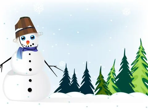 Snowman in a  pine forest Stock Illustration