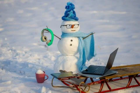 Snowman programmer. Snowman browsing internet in snowy field. Winter business Foto stock
