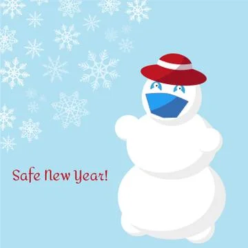 Snowman in a red hat and a medical face mask on a blue background with snowfl Stock Illustration