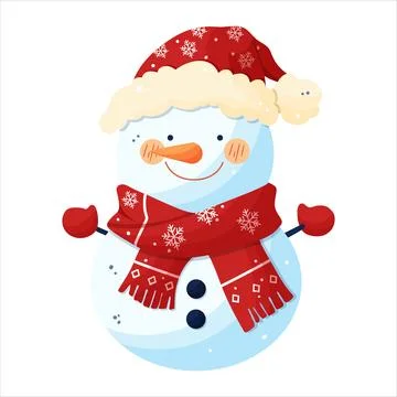 A snowman in a red hat and a red scarf decorated with snowflakes. Stock Illustration