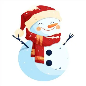 A snowman in a red hat and a red scarf decorated with snowflakes. Stock Illustration