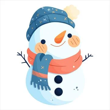 A snowman in a red hat and a red scarf decorated with snowflakes. Stock Illustration