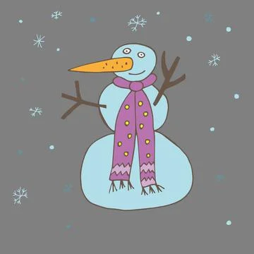 Snowman in a scarf. Snowing. Vector. Stock Illustration