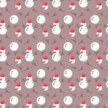 Snowman seamless pattern on brown backdrop. Christmas festive background. New Stock Illustration