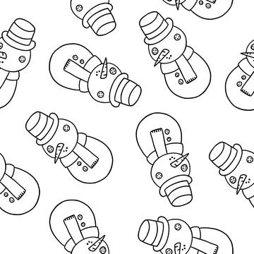 Snowman seamless pattern in outline doodle style. Christmas and New Year. Stock Illustration