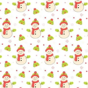 Snowman Seamless Pattern Winter Hats Mittens Scarf Snowflakes Christmas Vecto Stock Illustration