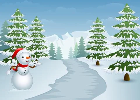 Snowman on the side of the road with snowy cypress trees Stock Illustration