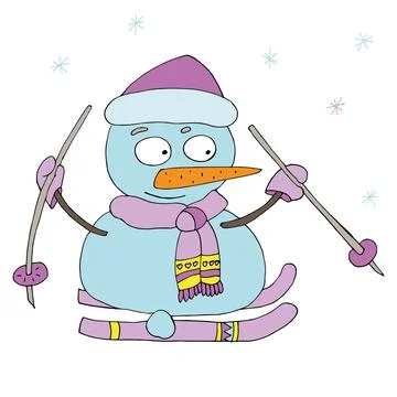 Snowman is skiing. Vector character. Stock Illustration