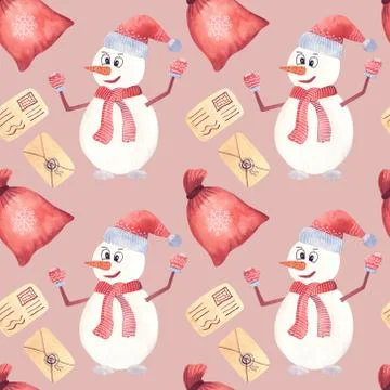 Snowman skiing watercolor art paint Christmas. Stock Illustration