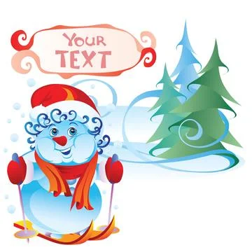 Snowman on skis in the forest Stock Illustration