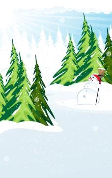 Snowman in a snow covered pine forest Stock Illustration