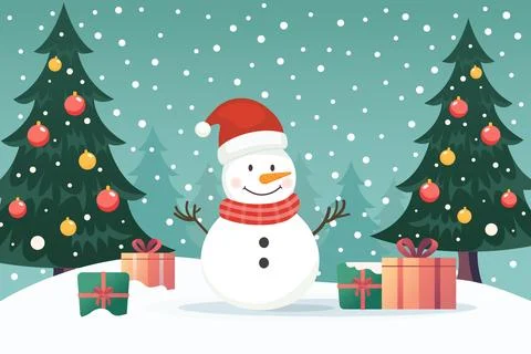 Snowman in snow field with gift boxes and christmas tree. Vector illustration Stock Illustration