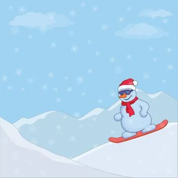 Snowman on a snowboard Stock Illustration