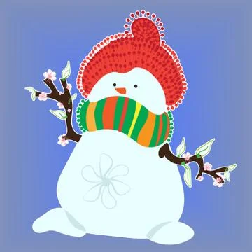 Snowman in Spring on Blue Background Stock Illustration