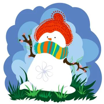 Snowman in Spring With Clouds Stock Illustration