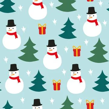 Snowman spruce and present seamless pattern Stockillustratie