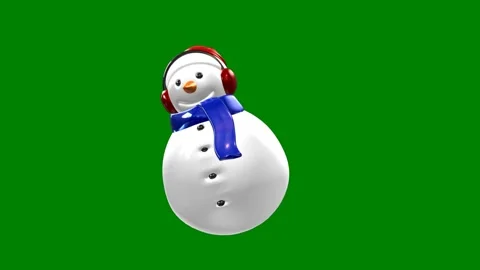 Snowman standing front green screen wearing headphones blue scarf background red Stock Footage 314067629