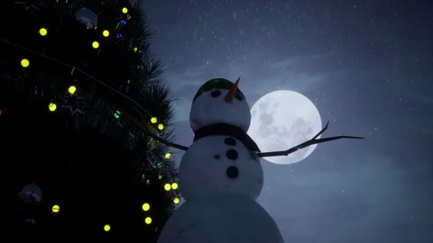 Snowman Standing in Front of a Large Decorated Christmas Tree with Lights Stock Footage 325636587