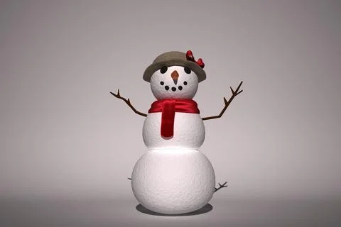 Snowman is standing on gray backdrop, flat design, featuring twig arms, red Stock Illustration