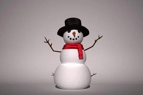 Snowman is standing on surface in 3D render with top hat, red scarf and carrot Stock Illustration