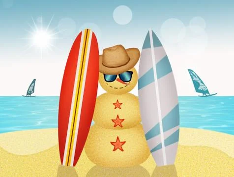 Snowman with surf on the beach Stock Illustration