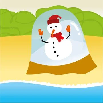 Snowman trapped in a summer beach. Plain and clean. Stock Illustration