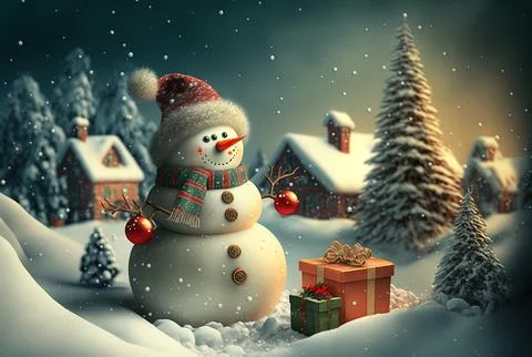 Snowman waiting for Santa Claus amid a snowdrift with presents and Christmas Stock Illustration