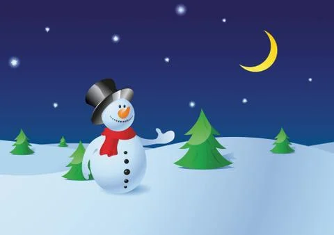 Snowman in the winter pine forest, night starry sky with moon Stock Illustration
