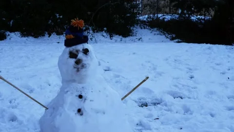 Snowman in wool hat in winter park Vídeos de archivo 235830840