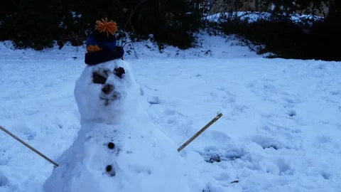 Snowman in wool hat in winter park Vídeos de archivo 236364092