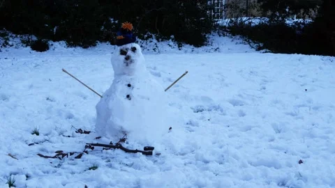 Snowman in wool hat in winter park Vídeos de archivo 236489409