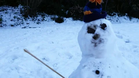 Snowman in wool hat in winter park Vídeos de archivo 237622991
