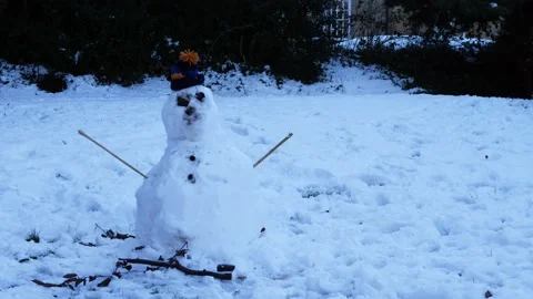 Snowman in wool hat in winter park Vídeos de archivo 237916770