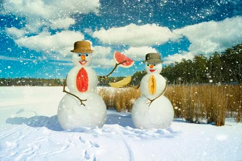 Snowmen on the background of the forest during a snowfall Stock Photos
