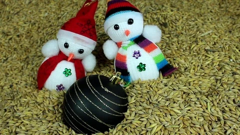 Snowmen in barley Stock Footage 74782832