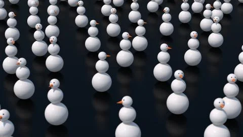 Snowmen, black background. Hard light. Abstract illustration, 3d render. Stock Illustration