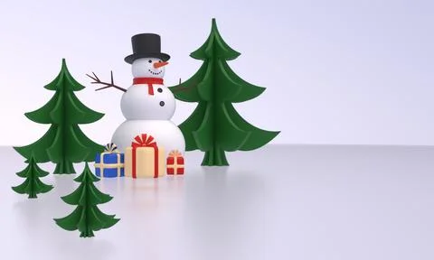 Snowmen, Christmas trees, gift boxes on ice. Idea for New Year, Christmas banner Stock Illustration