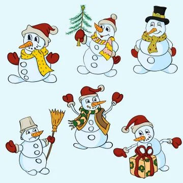 Snowmen in different poses Stock Illustration