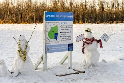 Snowmen protest against building development Fotos de archivo