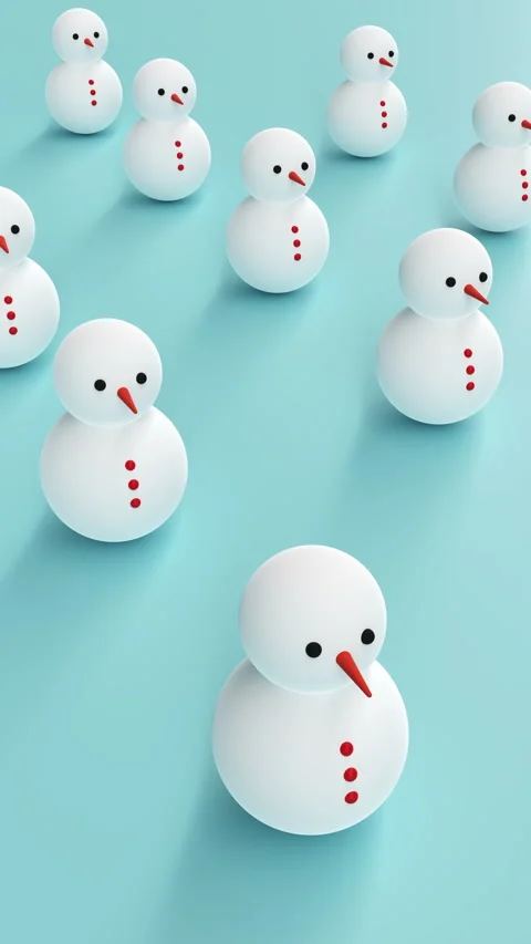 Snowmen in a row on blue background, Winter 3DCG, Slider shot Stock Footage 259133409