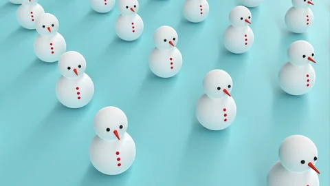 Snowmen in a row on blue background, Winter 3DCG, Slider shot Stock Footage 259136772