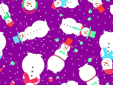 Snowmen seamless pattern. Snowmen dressed in hats, scarves, mittens, ties, .. Stock-Illustration