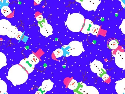 Snowmen seamless pattern. Snowmen dressed in hats, scarves, mittens, headph.. Stockillustratie