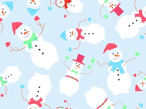 Snowmen seamless pattern. Snowmen dressed in hats, scarves, mittens, headph.. イラスト素材
