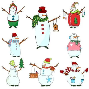 Snowmen set on white background, isolated snowman for christmas design. Stock Illustration